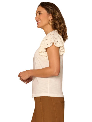 Thumbnail 2: Democracy Womens Short Sleeve Crochet Flutter Sleeve Knit Top 