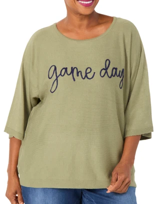 Thumbnail 1: ADRIENNE VITTADINI Plus Short Sleeve Embroidered Game Day Sweater 