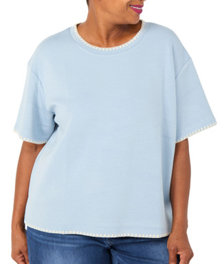 Thumbnail 1: MAGASCHONI Plus Short Sleeve Scuba Whipstitch Crew Neck Top 