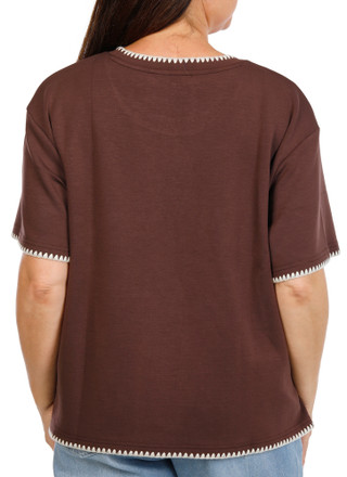 Thumbnail 3: MAGASCHONI Women's Plus Short Sleeve Scuba Whipstitch Crew Neck Top 