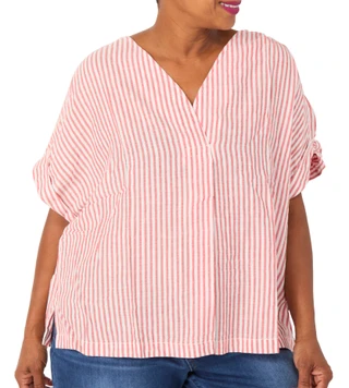 Thumbnail 1: MAX STUDIO Plus Short Sleeve Striped V Neck Blouse 