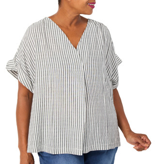 Thumbnail 1: MAX STUDIO Plus Short Sleeve Striped V Neck Blouse 
