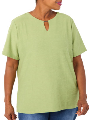 Thumbnail 1: Coral Bay Plus Short Sleeve Solid Textured Keyhole Top 