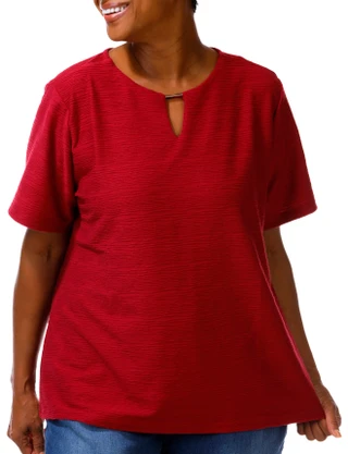 Thumbnail 1: Coral Bay Plus Short Sleeve Solid Textured Keyhole Top 