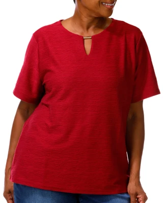 Thumbnail 3: Coral Bay Plus Short Sleeve Solid Textured Keyhole Top 