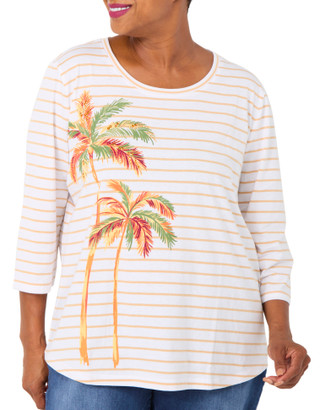 Thumbnail 1: Coral Bay Women's 3/4 Sleeve Striped Scoop Neck Palm Top 