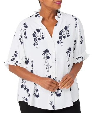 Thumbnail 1: Premise Plus Short Sleeve Floral Ruffle Button Down Top 