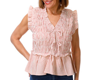 Thumbnail 1: Chenault Women's Short Sleeve Smocked Stripe Ruffle Trim Top 
