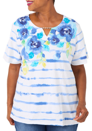 Thumbnail 1: Alfred Dunner Plus Short Sleeve Floral Keyhole Top 