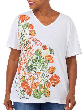 Thumbnail 1: Coral Bay Plus Short Sleeve Coral Life V Neck Top 