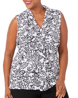 Thumbnail 1: Tahari Plus Sleeveless Printed Twisted Neck Top 