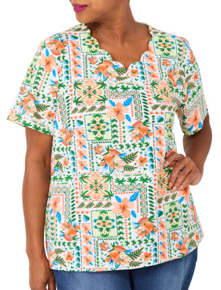 Thumbnail 1: Coral Bay Plus Short Sleeve Printed Scalloped Neck Top 