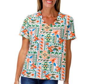 Thumbnail 1: Coral Bay Petite Short Sleeve Printed Scalloped Neck Top 