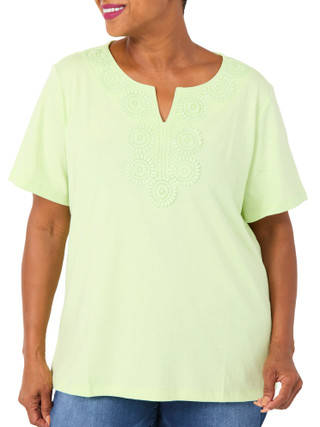 Thumbnail 1: Coral Bay Plus Short Sleeve Split Neck Crochet Tee 