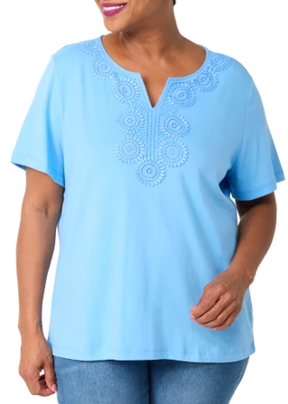 Thumbnail 1: Coral Bay Women's Plus Short Sleeve Split Neck Crochet Tee 