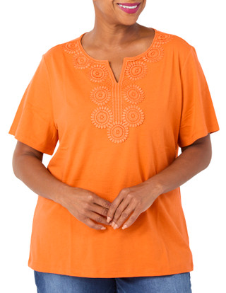 Thumbnail 1: Coral Bay Plus Short Sleeve Split Neck Crochet Tee 