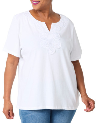 Thumbnail 1: Coral Bay Plus Short Sleeve Split Neck Crochet Tee 