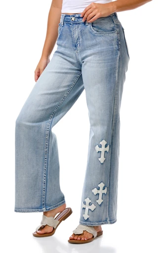 Thumbnail 1: Evolve Denim Juniors Cross Patch Wide Leg Jeans 