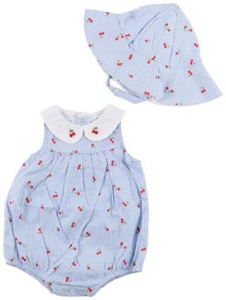 Thumbnail 1: Baby Essentials Baby Girls 2 Pc Cherry Stripe Romper and Sun Hat 