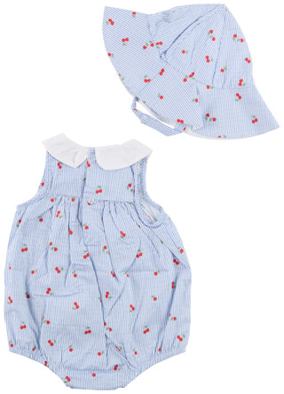 Thumbnail 2: Baby Essentials Baby Girls 2 Pc Cherry Stripe Romper and Sun Hat 
