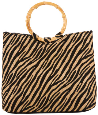 Thumbnail 3: Savanna Zebra Print Bag w/ Round Bamboo Handles 