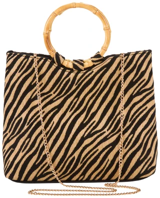 Thumbnail 1: Savanna Zebra Print Bag w/ Round Bamboo Handles 