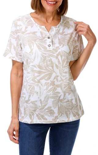 Thumbnail 1: Coral Bay Women's Short Sleeve Split Neck Palm Fronds Top 