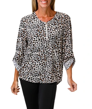 Thumbnail 1: Love Potion Women's Roll Tab Quarter Zip Print Top 