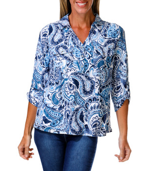 Thumbnail 1: Kate Park Women's 3/4 Roll Tab Sleeve 2 Pocket Print Top 