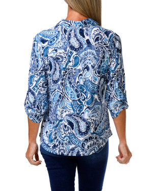 Thumbnail 2: Kate Park Women's 3/4 Roll Tab Sleeve 2 Pocket Print Top 