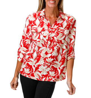Thumbnail 1: Kate Park Women's 3/4 Roll Tab Sleeve 2 Pocket Print Top 