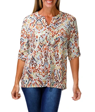 Thumbnail 1: Kate Park Women's 3/4 Roll Tab Sleeve Split Neck Print Top 