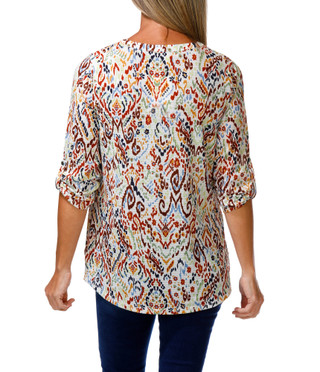 Thumbnail 2: Kate Park Women's 3/4 Roll Tab Sleeve Split Neck Print Top 