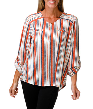 Thumbnail 1: Love Potion Women's Roll Tab Long Sleeve Quarter Zip Striped Top 