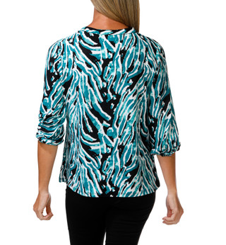 Thumbnail 2: Kate Park Women's 3/4 Sleeve Split Neck Zebra Stripe Top 