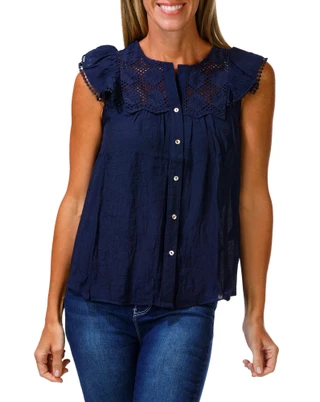 Thumbnail 1: Nanette Lepore Women's Eyelet Yoke Button Down Flutter Sleeve Top 