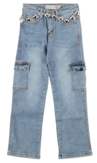 Thumbnail 1: Celebrity Ace Girls 7 Pocket Wide Leg Cargo Jeans with Silver Hearts Belt 