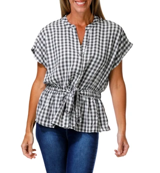 Thumbnail 1: 3RD + Malt Women's Gingham Button Down Tie Waist Top 