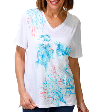 Thumbnail 1: Coral Bay Women's Short Sleeve V-Neck Sea Turtle Top 