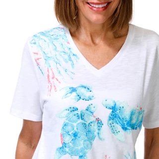 Thumbnail 3: Coral Bay Women's Short Sleeve V-Neck Sea Turtle Top 