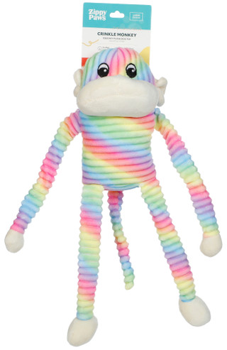 Thumbnail 1: Zippy Paws Spencer the Crinkle Monkey Squeaky Plush Rainbow Dog Toy 