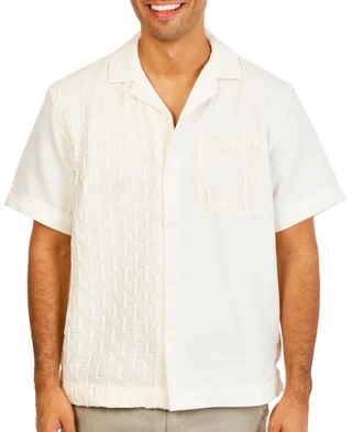 Thumbnail 1: Malibu by Drill Clothing Co. Men's Crochet Linen Button Down 1 Pocket Shirt 
