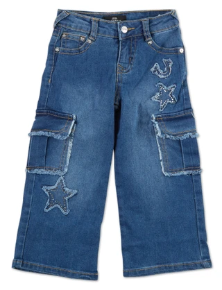 Thumbnail 1: True Religion Little Girls Leila 6 Pocket Studded Wide Leg Cargo Jeans 