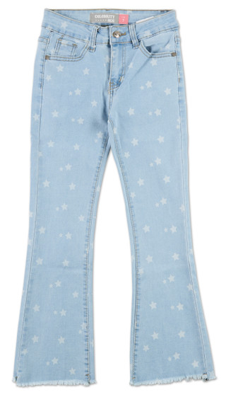 Thumbnail 1: Celebrity Ace Girls 5 Pocket Star Print Frayed Hem Flare Leg Jeans 