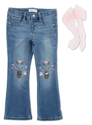 Thumbnail 1: Squeeze Little Girls Embroidered & Sequined Cat Jeans with Hair Bow 