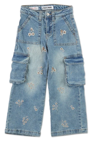 Thumbnail 1: Vigoss Little Girls 6 Pocket Embroidered Wide Leg Cargo Jeans 