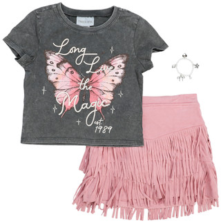 Thumbnail 1: Tween Diva Big Girl's 2 Pc Butterfly Tee & Fringe Skirt Set 