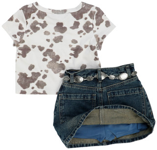Thumbnail 2: Tween Diva Big Girls 2 Pc Short Sleeve Cowgirl & Denim Skort Set 