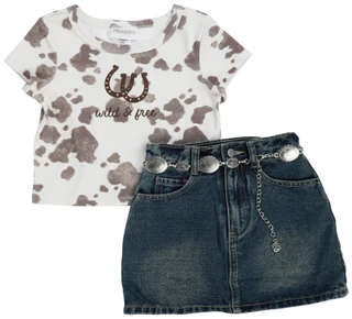 Thumbnail 1: Tween Diva Big Girls 2 Pc Short Sleeve Cowgirl & Denim Skort Set 