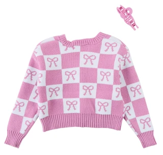 Thumbnail 3: Btween Little Girls Long Sleeve Pink Bow Checkered Sweater 